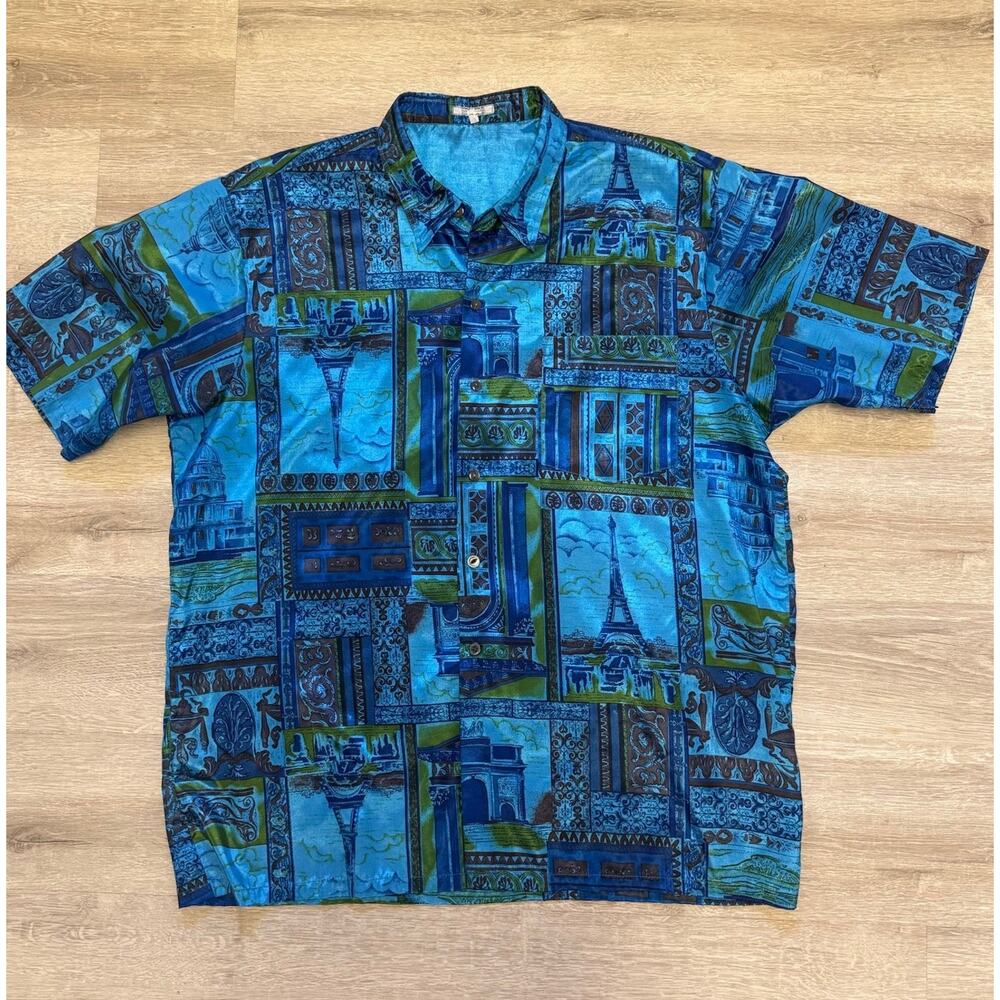 Vintage Thai Silk by Apple Shirt Mens L Button Up Eiffel Tower Blue
